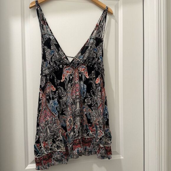 Free People Small Intimately Black Paisley Strappy V-Neck Slip Mini Dress - Picture 4 of 5